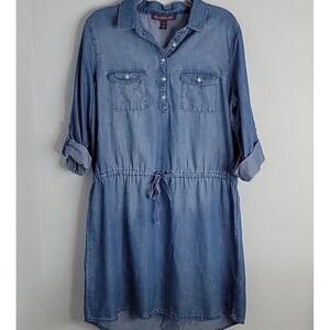 Gloria Vanderbilt Denim Shirt Dress‎ Boho XL Lightweight Chambray Cinch Waist